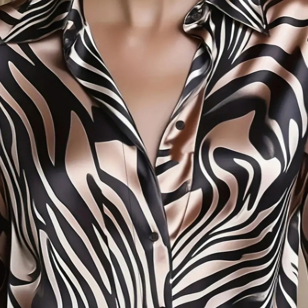 Silky Zebra-Print Button-Up Blouse - Brown & Champagne - Picture 2 of 6